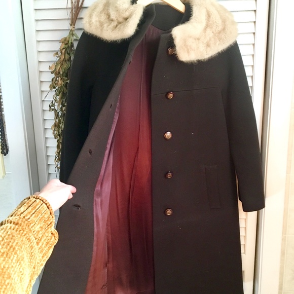 {Vintage} Fur Collar 60's Style Wool Button Coat 4 - Picture 8 of 8